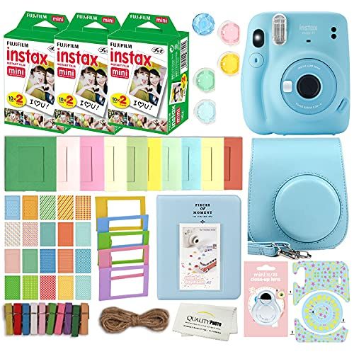 후지필름 Fujifilm Instax Mini 11 Instant Camera with Case, 60 Fuji Films, Decoration Stickers, Frames, Photo Album and More Accessory kit (Sky Blue)