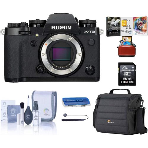 후지필름 Fujifilm X-T3 4K Mirrorless Digital Camera, Black (Body Only), Bundle with Lowepro Camera Bag, 32GB SD Card, Corel Mac Software Kit, ProOptic Cleaning Kit, Card Reader, Cap Tether