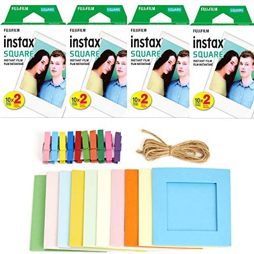 후지필름 4X Fujifilm Instax Square Instant Film (80 Exposures) + Hanging Photo Frames for Square Film Assorted Colors ? Deluxe Accessory Bundle