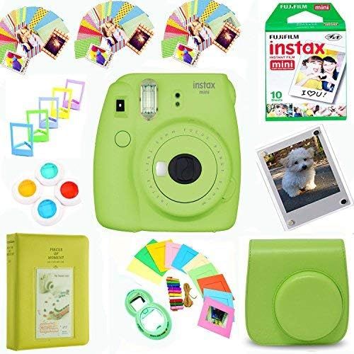 후지필름 Fujifilm Instax Mini 9 Film Camera (Lime) + Film Pack(10 Shots) + Pleather Case + Filter Kit + Selfie Lens + Album + Self-Standing, Hanging Frames&Stick-on Frames Exclusive Instax