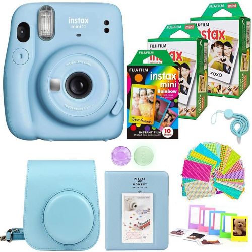 후지필름 Fujifilm Instax Mini 11 Camera with 2X Fuji Instant Film Twin Pack - Fujifilm Instax Mini Rainbow Film Total 50 Shoot+ Case, Album, Stickers, Accessories (Blue)