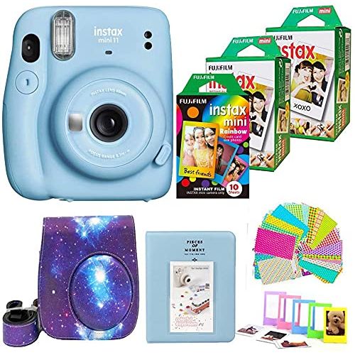 후지필름 Fujifilm Instax Mini 11 Camera with 2X Fuji Instant Film Twin Pack - Fujifilm Instax Mini Rainbow Film Total 50 Shoot+ Case, Album, Stickers, Accessories (Sky Blue)