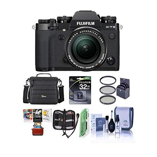 후지필름 Fujifilm X-T3 26.1MP Mirrorless Camera with XF 18-55mm f/2.8-4 R LM OIS Lens, Black - Bundle with 32GB SDHC Card, Camera Case, 58mm Filter Kit, Cleaning Kit, Card Reader, Mac Softw