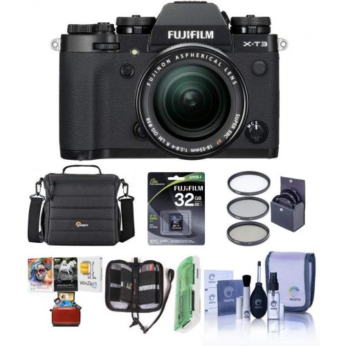 후지필름 Fujifilm X-T3 26.1MP Mirrorless Camera with XF 18-55mm f/2.8-4 R LM OIS Lens, Black - Bundle with 32GB SDHC Card, Camera Case, 58mm Filter Kit, Cleaning Kit, Card Reader, Mac Softw