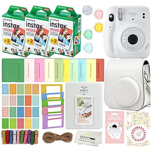 후지필름 Fujifilm Instax Mini 11 Instant Camera with Case, 60 Fuji Films, Decoration Stickers, Frames, Photo Album and More Accessory kit (Ice White)