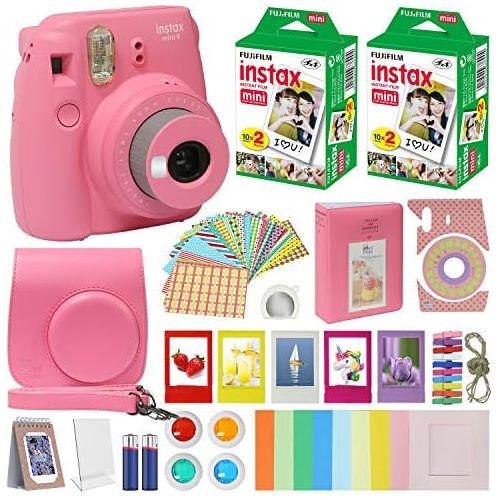 후지필름 Fujifilm Instax Mini 9 Instant Kids Camera Flamingo Pink with Custom Case + Fuji Instax Film Value Pack (40 Sheets) Accessories Bundle, Color Filters, Photo Album, Assorted Frames,