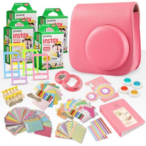 후지필름 FUJIFILM INSTAX Mini Instant Film (X4) (80 Exposures) + FUJIFILM INSTAX Flamingo Pink 168 Piece Accessory Bundle W/Camera Case, Selfie Lens, Photo Album, Decorative Stickers, Frame