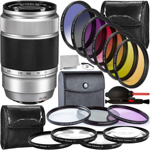 후지필름 FUJIFILM XC 50-230mm f/4.5-6.7 OIS II Lens (Silver) with 17PC Accessory Bundle ? Includes: 3PC Multi Coated HD Filter Set (UV, CPL, FLD) + 4PC Close-Up Macro Lens Set + More