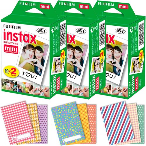 후지필름 FujiFilm Instax Mini Instant Film 3 Pack (3 x 20) 60 Photo Sheets + 120 Assorted Colorful Mini Photo Stickers - for FujiFilm Instax Mini 11, 9 and 8 Camera, Fuji SP-1, SP-2, Polaro