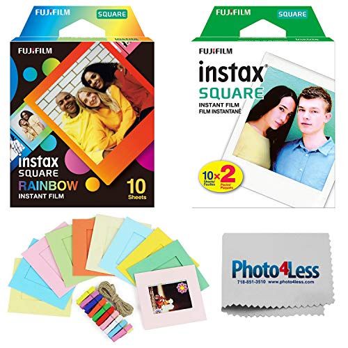 후지필름 Fujifilm Instax Square Rainbow Instant Film (10 Sheets) + Fujifilm Instax Square Instant Film (20 Exposures) + Hanging Frames - Instax Film Bundle