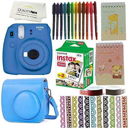 후지필름 Fujifilm Instax Mini 9 Camera Bundle. Mini 9 Instant Camera + Case + Fujifilm Instax Mini 9 Films (20)+ 10 Colored Pens +2 Mini Photo Albums +13 Rolls Decorative Ribbons (Cobalt)