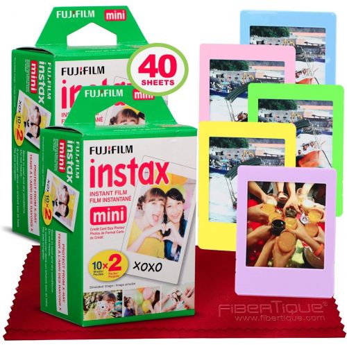 후지필름 Fujifilm Instax Mini Instant Film (40 Sheets) Instax Mini with 5 Picture Frames + FiberTique Cleaning Cloth