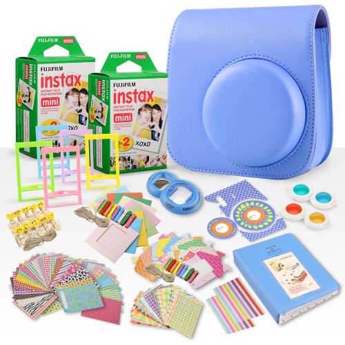 후지필름 FUJIFILM INSTAX Mini Instant Film (X2) (40 Exposures) + FUJIFILM INSTAX Cobalt Blue 168 Piece Accessory Bundle W/Camera Case, Selfie Lens, Photo Album, Decorative Stickers, Frames