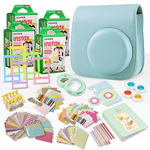 후지필름 FUJIFILM INSTAX Mini Instant Film (X5) (100 Exposures) + FUJIFILM INSTAX Ice Blue 168 Piece Accessory Bundle W/Camera Case, Selfie Lens, Photo Album, Decorative Stickers, Frames &