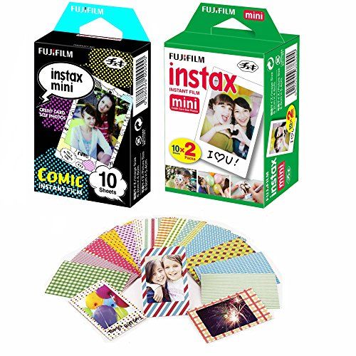 후지필름 Fujifilm Instax Mini Film Comics Border-10 Pack, White-20 Pack with 20 Decorative Skin Stick-on Stickers Variety Design Kit - 30 Shots Total
