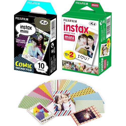 후지필름 Fujifilm Instax Mini Film Comics Border-10 Pack, White-20 Pack with 20 Decorative Skin Stick-on Stickers Variety Design Kit - 30 Shots Total