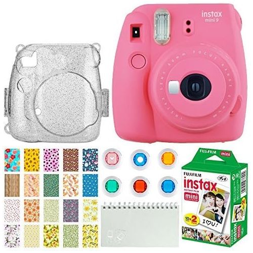 후지필름 Fujifilm Instax Mini 9 Instant Camera (Flamingo Pink) + Fujifilm Instax Mini Twin Pack Instant Film (20 Exposures) + Glitter Hard Case + Colored Filters + Album + Sticker Frames Na