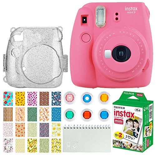 후지필름 Fujifilm Instax Mini 9 Instant Camera (Flamingo Pink) + Fujifilm Instax Mini Twin Pack Instant Film (20 Exposures) + Glitter Hard Case + Colored Filters + Album + Sticker Frames Na