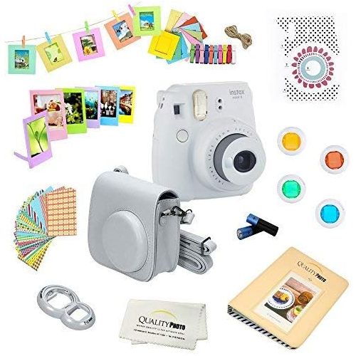 후지필름 Fujifilm Instax Mini 9 Camera + 14 PC Instax Accessories kit Bundle, Includes; Instax Case + Album + Frames & Stickers + Lens Filters + More (Smokey White)