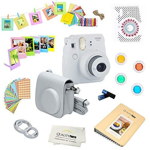 후지필름 Fujifilm Instax Mini 9 Camera + 14 PC Instax Accessories kit Bundle, Includes; Instax Case + Album + Frames & Stickers + Lens Filters + More (Smokey White)