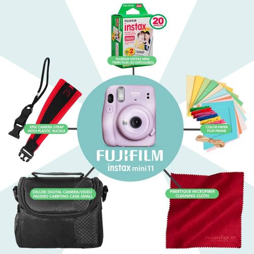 후지필름 FUJIFILM INSTAX Mini 11 Instant Film Camera (Lilac Purple) + Fujifilm Instax Mini Twin Film (20 Exposures), Camera Carrying Case, Xpix Camera Strap & Funky Film Frames
