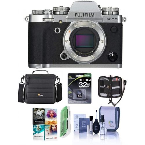 후지필름 Fujifilm X-T3 Mirrorless Camera Body, Silver - Bundle with 32GB SDHC U3 Card, Camera Case, Cleaning Kit, Memory Wallet, Card Reader, Pc Software Package