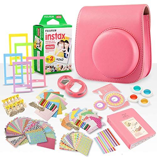 후지필름 FUJIFILM INSTAX Mini Instant Film (X1) (20 Exposures) + FUJIFILM INSTAX Flamingo Pink 168 Piece Accessory Bundle W/Camera Case, Selfie Lens, Photo Album, Decorative Stickers, Frame