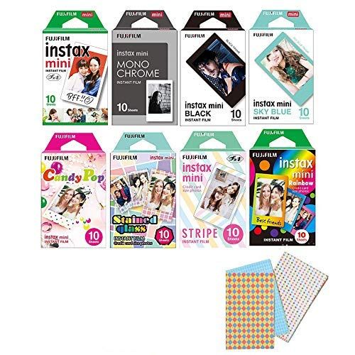 후지필름 Fujifilm Instax Mini Instant Film 8-SET , Monochrome + Black + Sky Blue + Single + Candy Pop + Stained Glass + Stripe + Rainbow + Sticker for Mini 90 8 70 7s 50s 25 300 Camera SP-1