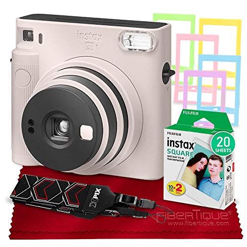 후지필름 PS Fujifilm Instax SQ1 Instant Camera (Chalk White) w/Basic Accessories Bundle w/Fujifilm Instax Square Instant Film (20 Exposures), Camera Strap, Color Plastic Frames and Microfib