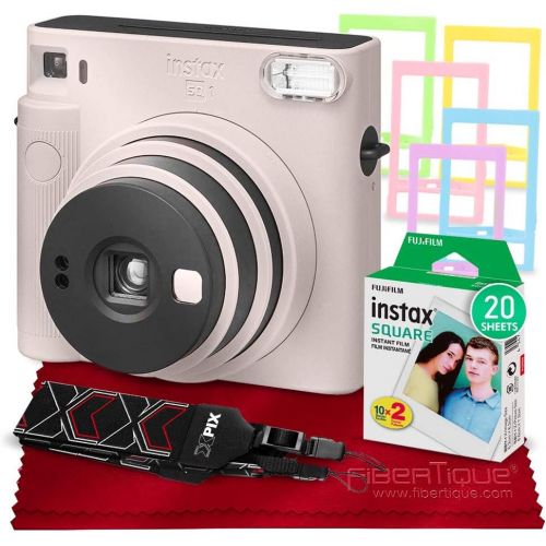 후지필름 PS Fujifilm Instax SQ1 Instant Camera (Chalk White) w/Basic Accessories Bundle w/Fujifilm Instax Square Instant Film (20 Exposures), Camera Strap, Color Plastic Frames and Microfib