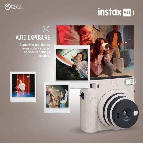 후지필름 PS Fujifilm Instax SQ1 Instant Camera (Chalk White) w/Basic Accessories Bundle w/Fujifilm Instax Square Instant Film (20 Exposures), Camera Strap, Color Plastic Frames and Microfib