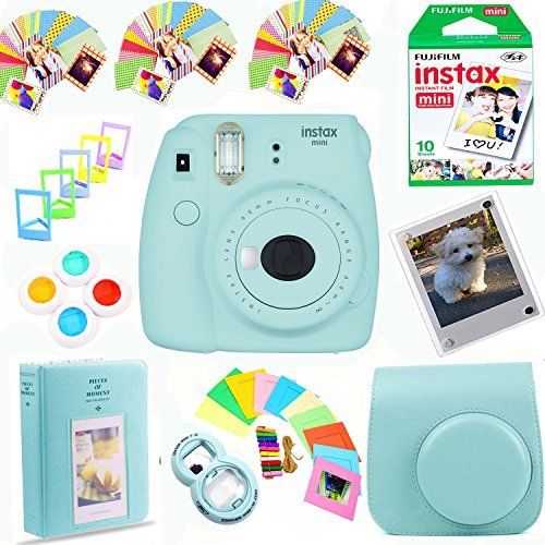 후지필름 Fujifilm Instax Mini 9 Instant Film Camera (Ice Blue) + Instax Film (10 Shots) + Pleather Case + 64 Pocket Album+ Photix Self-Standing Frames + Stick-on Frames Exclusive Instax Des