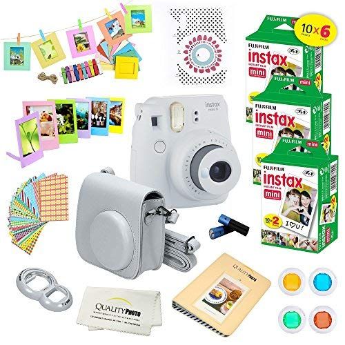 후지필름 Fujifilm Instax Mini 9 Instant Camera Smokey White w/Fujifilm Instax Mini 9 Instant Films (60 Pack) + A14 Pc Deluxe Bundle for Fujifilm Instax Mini 9 Camera