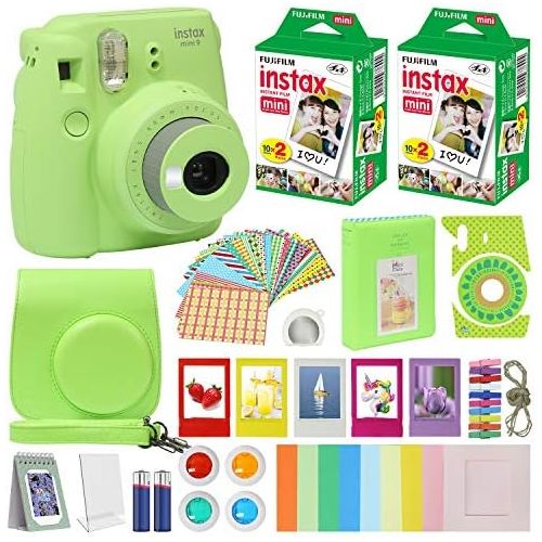 후지필름 Fuji Film Instax Mini 9 Instant Camera Lime Green with Carrying Case + Fuji Instax Film Value Pack (40 Sheets) Accessories Bundle, Color Filters, Photo Album, Assorted Frames, Self
