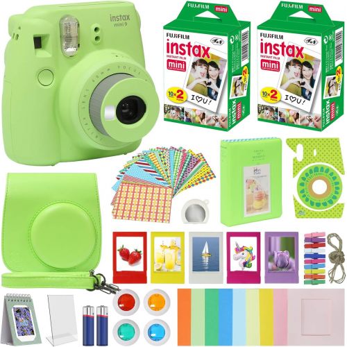 후지필름 Fuji Film Instax Mini 9 Instant Camera Lime Green with Carrying Case + Fuji Instax Film Value Pack (40 Sheets) Accessories Bundle, Color Filters, Photo Album, Assorted Frames, Self