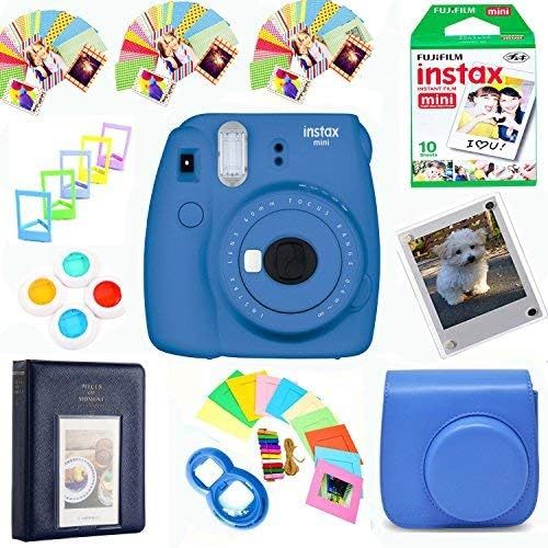 후지필름 Fujifilm Instax Mini 9 Film Camera (Cobalt Blue) + Film Pack(10 Shots) + Pleather Case + Filters + Selfie Lens + Album + Frames & Stick-on Frames Exclusive Instax Design Bundle