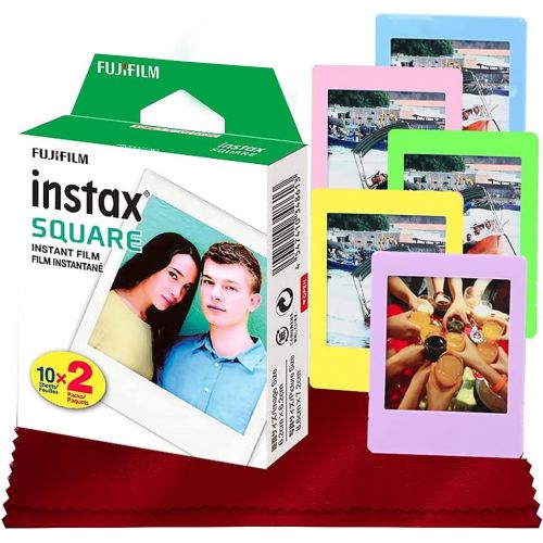 후지필름 Fujifilm instax Square Instant Film (20 Exposures) Compatible with FujiFilm Instax Square SQ6, SQ10 and SQ20 Instant Cameras + 5 Color Picture Frames + FiberTique Cleaning Cloth