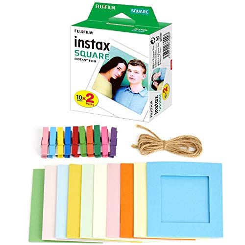 후지필름 Fujifilm instax Square Instant Film + Hanging Photo Frames for Square Film Assorted Colors ? Deluxe Accessory Bundle (20 Exposures)