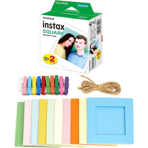 후지필름 Fujifilm instax Square Instant Film + Hanging Photo Frames for Square Film Assorted Colors ? Deluxe Accessory Bundle (20 Exposures)