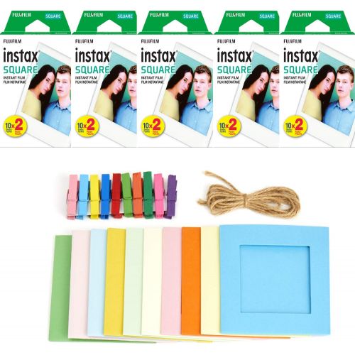 후지필름 Fujifilm instax Square Instant Film + Hanging Photo Frames for Square Film Assorted Colors a€“ Deluxe Accessory Bundle (100 Exposures)