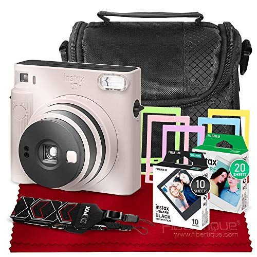 후지필름 PS Fujifilm Instax SQ1 Instant Camera (Chalk White) w/Deluxe Accessories Bundle Includes Carrying Case, Instax Square Instant Film (20 Exposures), Square Black Instant Film (10 Exp