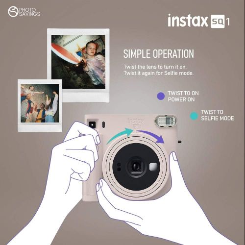 후지필름 PS Fujifilm Instax SQ1 Instant Camera (Chalk White) w/Deluxe Accessories Bundle Includes Carrying Case, Instax Square Instant Film (20 Exposures), Square Black Instant Film (10 Exp