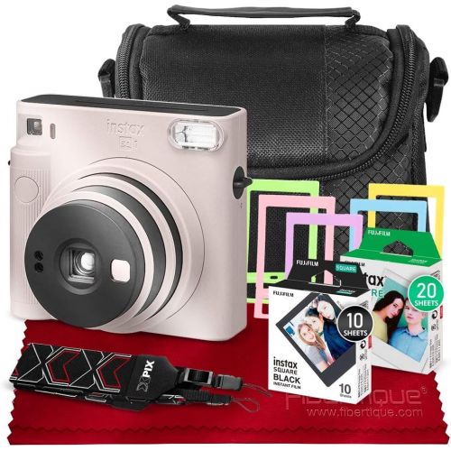 후지필름 PS Fujifilm Instax SQ1 Instant Camera (Chalk White) w/Deluxe Accessories Bundle Includes Carrying Case, Instax Square Instant Film (20 Exposures), Square Black Instant Film (10 Exp