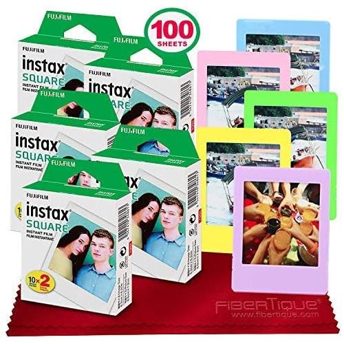 후지필름 Fujifilm instax Square Instant Film (100 Exposures) Compatible with FujiFilm Instax Square SQ6, SQ10 and SQ20 Instant Cameras + 5 Color Picture Frames + FiberTique Cleaning Cloth