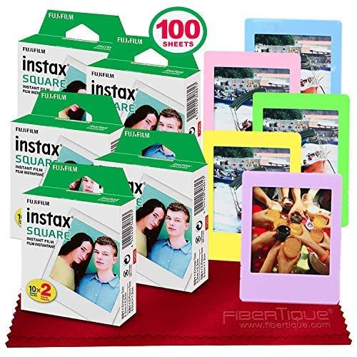 후지필름 Fujifilm instax Square Instant Film (100 Exposures) Compatible with FujiFilm Instax Square SQ6, SQ10 and SQ20 Instant Cameras + 5 Color Picture Frames + FiberTique Cleaning Cloth