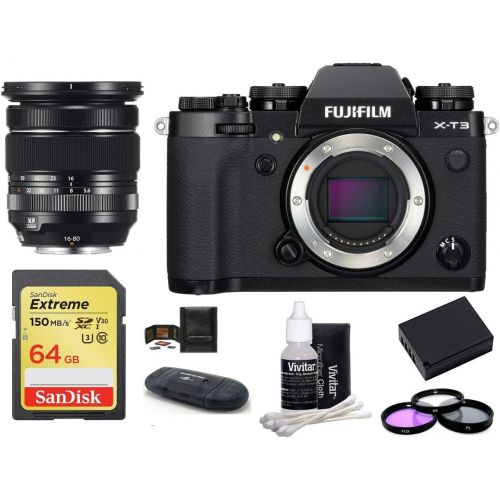 후지필름 FUJIFILM X-T3 Mirrorless Digital Camera Body with XF 16-80mm f/4 R OIS WR Lens Bundle, Includes: SanDisk 64GB Extreme SDXC Memory Card, Card Reader, Memory Card Wallet + More (8 It