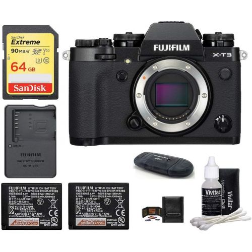 후지필름 FUJIFILM X-T3 Mirrorless Digital Camera Body (Black) Bundle, Includes: SanDisk 64GB Extreme SDXC Memory Card, Spare Fujifilm NP-W126S Battery + More