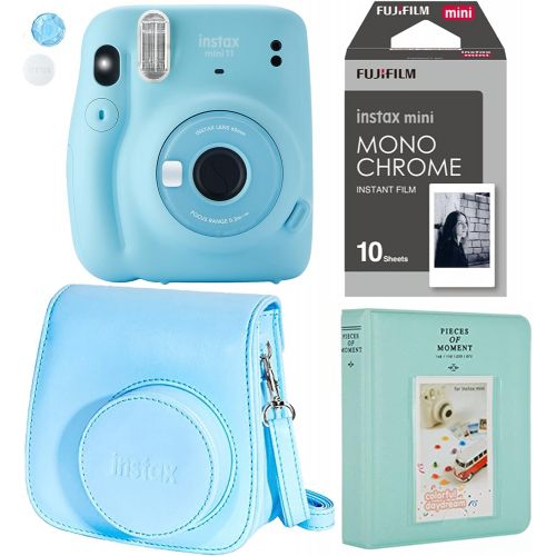 후지필름 Fujifilm Instax Mini 11 Ice Blue Instant Camera Plus Original Fuji Case, Photo Album and Fujifilm Character 10 Films (Monochrome)