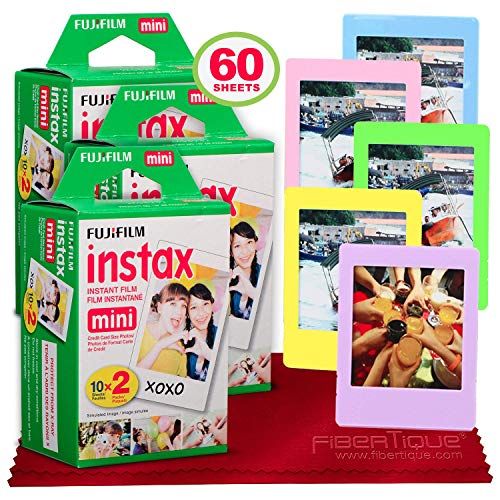 후지필름 Fujifilm Instax Mini Instant Film (60 Sheets) Instax Mini + 5 Picture Frames + FiberTique Cleaning Cloth (USA Warranty)