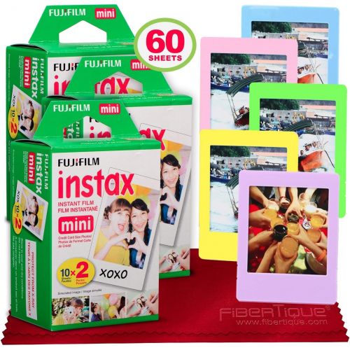 후지필름 Fujifilm Instax Mini Instant Film (60 Sheets) Instax Mini + 5 Picture Frames + FiberTique Cleaning Cloth (USA Warranty)